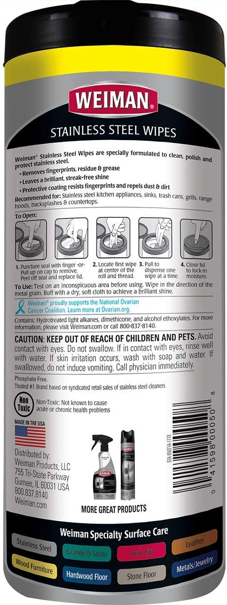 Weiman Stainless Steel Cleaner Wipes (3 Pack) Removes Fingerprints, Residue, Water Marks and Grease from Appliances - Works Great on Refrigerators, Dishwashers, Ovens, and Grills - Packaging May Vary