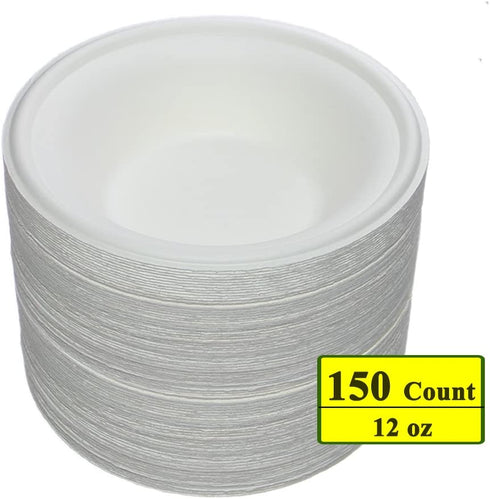 Belinlen 150 Pack 12 oz Round Disposable Bowls Eco-friendly 100% Natural Sugarcane Biodegradable Compostable Bagasse Tree Free and Plastic Free (150)