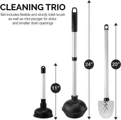 NEIKO 60168A Toilet Plunger Set | 4 Piece | Bonus Mini Sink and Drain Plunger, Brush and Caddy | Compact | Patented All-Angle Design | Telescopic Aluminum Handle , Black