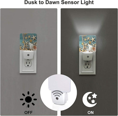 Beach Seashells Starfish Plug in LED Night Light Automatic Dusk to Dawn Sensor Wall Decorative for Bright Bathroom Bedroom Kids Room Hallway