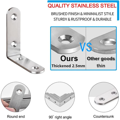 16 PCS Corner Brace L Bracket Heavy Duty 2.5 x 2.5 Inch Stainless Steel 90 Degree Joint Right Angle Corner Brackets with Screws, L-Shaped Metal Fastener for Wood Shelves