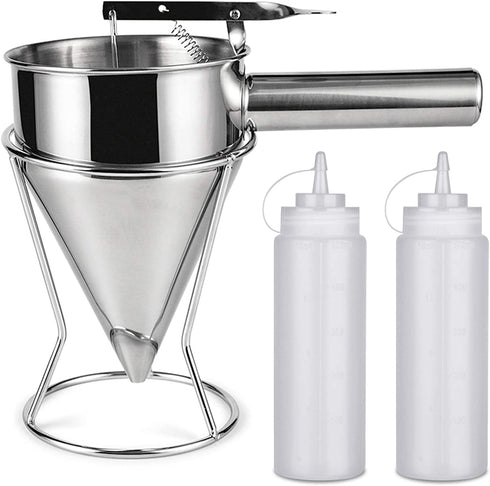 Pancake Batter Dispenser, Stainless Steel Stirring Batter Separator Funnels with Handle & Rack (2pcs Ketchup Squeeze Bottle)