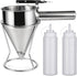 Pancake Batter Dispenser, Stainless Steel Stirring Batter Separator Funnels with Handle & Rack (2pcs Ketchup Squeeze Bottle)