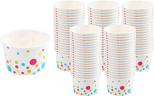 Paper Ice Cream Cups (Polka Dots Design) - 100-Count - 8 oz Disposable Dessert Bowls for Hot or Cold Food, 8-Ounce Party Supplies Treat Cups for Sundae, Frozen Yogurt, Soup, White