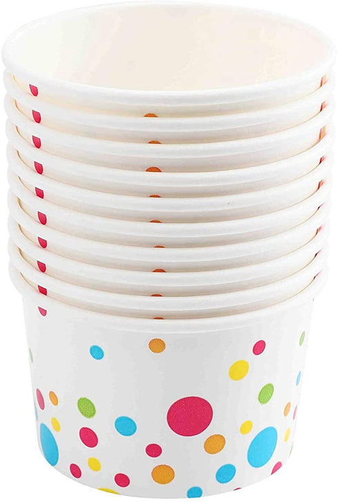 Paper Ice Cream Cups (Polka Dots Design) - 100-Count - 8 oz Disposable Dessert Bowls for Hot or Cold Food, 8-Ounce Party Supplies Treat Cups for Sundae, Frozen Yogurt, Soup, White