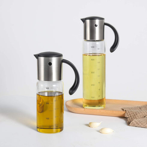 Extra Large Olive Oil Dispenser Bottle - Auto Flip Condiment Container With Automatic Cap and Stopper - Leakproof Vinegar Glass Cruet (300 ml and 500 ml a set)