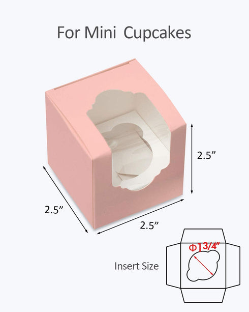 Yotruth 2.5 x 2.5 x 2.5Pink Mini Cupcake Boxes single individual Easy Assembly with Window and Insert 50 Pack