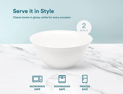 Large Serving Bowls, By Kook,Ceramic Make, For Snacks, Salad, Pasta, White, Set of 2, 9.25 inch, 3.75qt