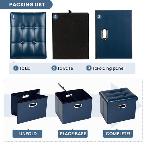 COSYLAND Storage Ottoman 17x13x13in Leather Ottoman Rectangle Footrest Footstool Folding Ottoman for Room Dorm Small Collapsible Bench Seat Organizer Entryway Furniture with Handles Lid Royal Blue