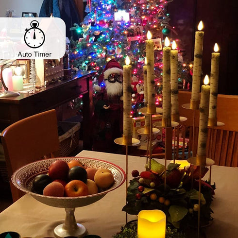 Fo32won LED Flameless Taper Candles Battery Operated with Remote and Timer, Pack of 3 Birch Bark Real Wax Window Candlesticks with 3D Flame Wick, 9.5 Inches Flickering Christmas Candlesticks