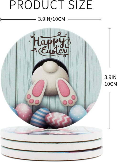 Happy Easter Drink Coasters Set of 6 with Holder Absorbent Ceramic Easter Bunny Coasters for Wooden Table, Cute Rustic Round Coasters Cork Base House Warming Home Gift for Easter Day