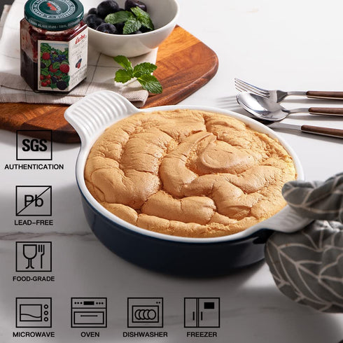 SWEEJAR Ceramic Baking Dish, 8 Inches Cake Baking Pan for Brownie, Porcelain Round Bakeware with Double Handle for Casserole, Lasagna, Family Dinner (Navy)