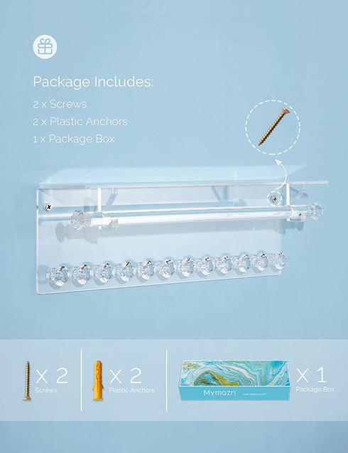 Acrylic Necklace Holder with Shelf, 12 Diamond Shape Hooks and Removable Bracelet Rod, Wall Mounted Jewelry Organizer Hanging Necklace Organizer Wall Jewelry Rack