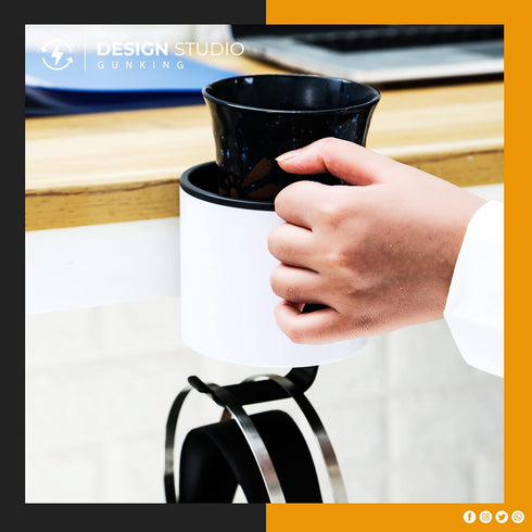 Luxury 2-in-1 Anti-Spill Cup Holder with Under Desk Headphone Hanger (White)
