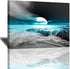 Tourrest Teal Grey Coastal Beach Canvas Wall Art Black and White Artwork Blue Sea Ocean Moon View Nature Landscape Large Wooden Wall Décor Seaside Waves Poster Modern Home Print Painting for Office