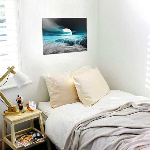 Tourrest Teal Grey Coastal Beach Canvas Wall Art Black and White Artwork Blue Sea Ocean Moon View Nature Landscape Large Wooden Wall Décor Seaside Waves Poster Modern Home Print Painting for Office