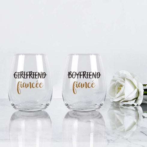Modwnfy Boyfriend and Girlfriend Wine Glasses, Set of 2 Fiancee Stemless Wine Glasses 15Oz Engagement Gifts for Couples Fiancee Fiance Her