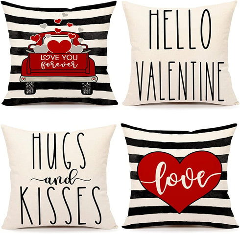 4TH Emotion Valentines Day Stripe Pillow Covers 18x18 Set of 4 Spring Farmhouse Decor Red Truck Love Hugs Kisses Holiday Decorations Throw Cushion Case for Home Decorations TH078