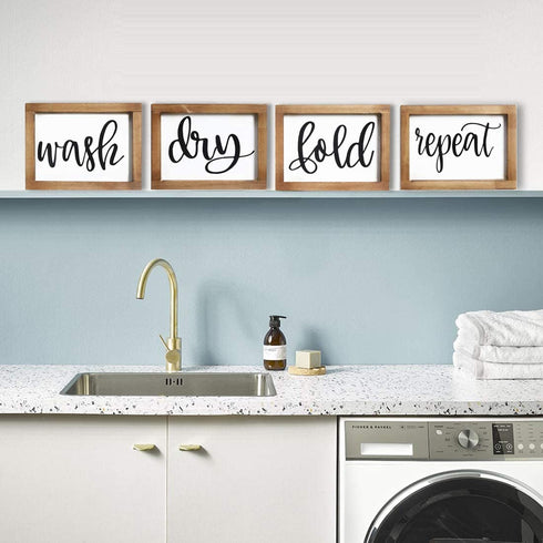 Mokof Laundry Room Decor Wash Fold Dry Repeat Mini Signs Set of 4, Farmhouse Laundry Room Decorative Sign Framed wood Wall Art, Laundry Shelf Decor, 6'' x 8'' (Brown Frame)