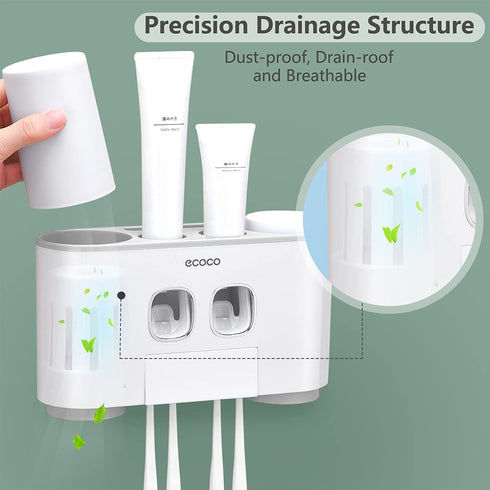 Toothbrush Holder with Toothpaste Dispenser Wall Mounted for Bathroom-Automatic Electric Tooth Pastetooth Squeezer-Bathroom Organizer Storage Accessories Set for Kids with 5 Toothbrush Organizer Slots