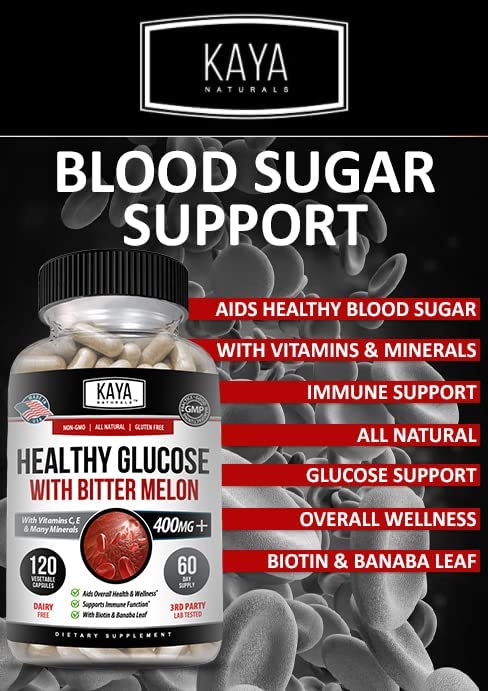 Kaya Naturals Healthy Gluco with Bitter Melon Supplement | Support Healthy Levels & Function, 20 Herbs Vitamins Minerals, Alpha Lipoic Acid, Cinnamon, Vitamin C & E Gluten Free, Non-GMO - 120 Capsules