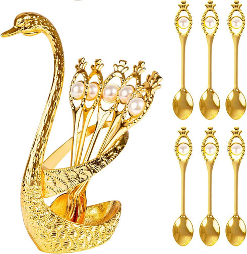 Coffee Spoon Set, Metal Swan Base Holder Dessert Spoon Organizer with 6pcs Spoons Teaspoon Dessert Flatware Set for Coffee Fruit Dessert Ice Cream Cake (Gold)