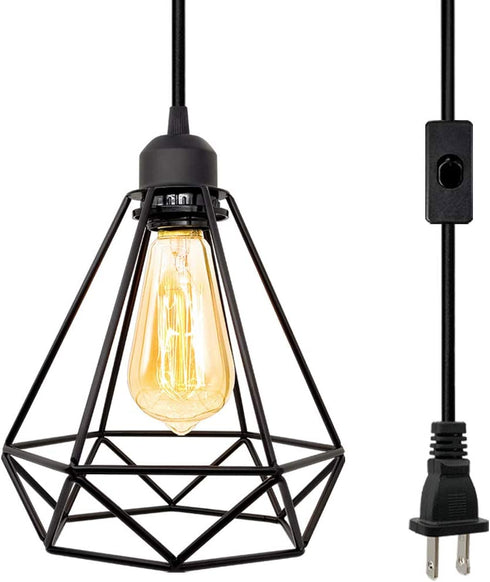 Industrial Plug in Pendant Light, Farmhouse Pendant Lighting, Black Cage Pendant Light Fixture with On/Off Switch, E26 Socket Vintage Hanging Light, Wire Pendant Light, for Dining Room Living Room