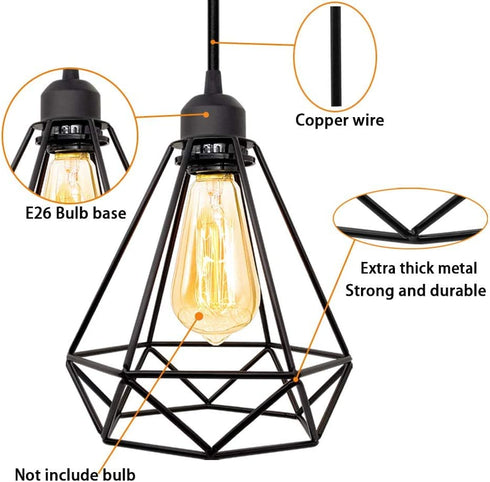 Industrial Plug in Pendant Light, Farmhouse Pendant Lighting, Black Cage Pendant Light Fixture with On/Off Switch, E26 Socket Vintage Hanging Light, Wire Pendant Light, for Dining Room Living Room