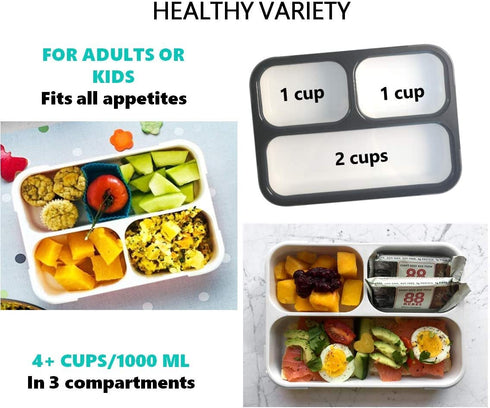 Bento Lunch Box For Adults, Kids | Leakproof Meal Prep Portion Control Boxes Japanese Style for Boys Teens 3 Compartment Slim Container For Work, School | Eco-friendly Divided Containers, Grey - Black
