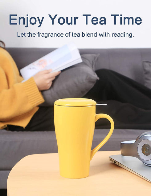 ARRADEN Tea Mug with Infuser and 2 Lids, 18oz Large Tea Infuser Cup, Tea Strainer Mug for Loose Tea, Ceramic Travel Mug with Tea Bag Holder (Yellow)