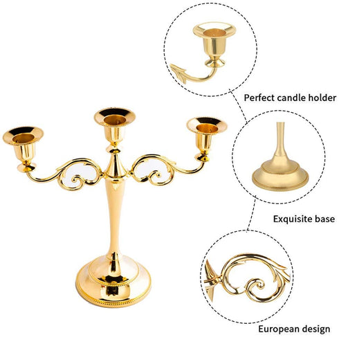 WEISIPU 3 Arms Candle Holder Metal Pillar Candle Stick Wedding Event Candelabra (Gold)