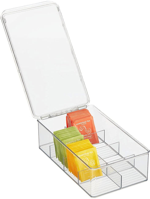 mDesign Plastic Stackable Tea Bag Organizer Storage Bin with Lid for Kitchen Cabinets, Countertops, Pantry - Container Holds Beverage Bags, Cups, Pods, Packets, Condiment Accessories - Clear