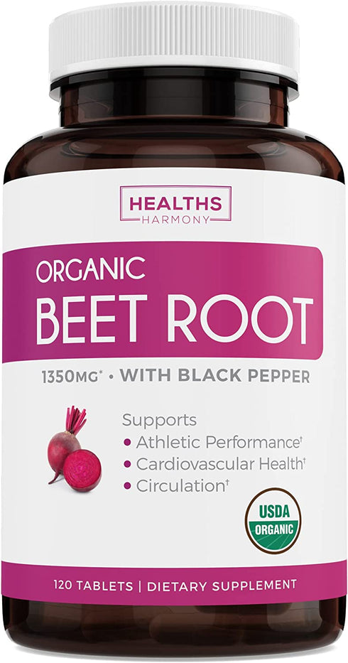 USDA Organic Beet Root Powder (120 Tablets) 1350mg Beets Per Serving with Black Pepper for Extra Absorption - Nitrate Supplement for Circulation, Heart Health, Super Athletic Performance - No Capsules