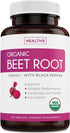 USDA Organic Beet Root Powder (120 Tablets) 1350mg Beets Per Serving with Black Pepper for Extra Absorption - Nitrate Supplement for Circulation, Heart Health, Super Athletic Performance - No Capsules