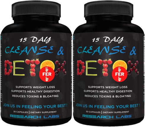 Research Labs 15 Day Colon Cleanse & Detox for Less Bloat Flat Tummy w/ Probiotics - 2 Fer 1 - Constipation Relief - Flushes Toxins, Boosts Energy. Clinically Researched Safe and Effective Formula