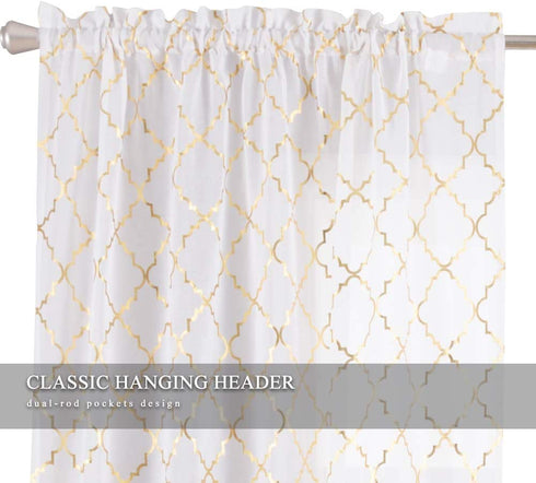 Kotile White and Gold Sheer Curtains for Bedroom - Gold Moroccan Tile Curtain Rod Pocket White Window Curtains 63 Inch Length 2 Panels for Girls Room, W52 x L63 Inches, 1 Pair, Gold White