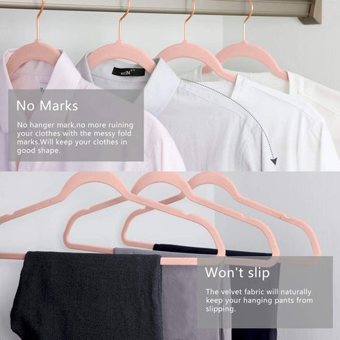 Premium Velvet Hangers (Pack of 50) Heavyduty - Non Slip - Velvet Suit Hangers Blush Pink - Copper/Rose Gold Hooks,Space Saving Clothes Hangers