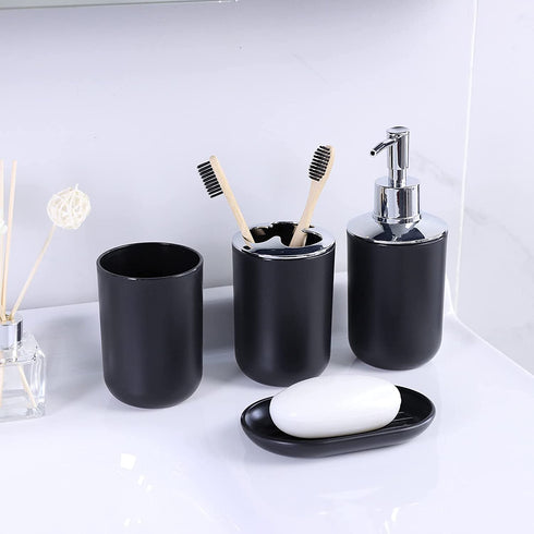 IMAVO Bathroom Accessories Set, 6-Piece Plastic Gift Set, Toothbrush Holder, Toothbrush Cup, soap Dispenser, soap Dish, Toilet Brush Holder, Trash can (Black)