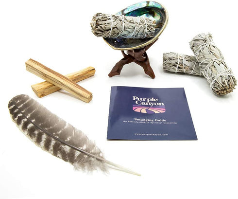 Purple Canyon Smudge Kit (Beginner's Gift Set) - 3 White Sage Smudge Sticks, 2 Palo Santo, Abalone Shell, Smudge Feather w/ Stand + Smudging Guide for Home Cleansing & Healing Meditation Rituals