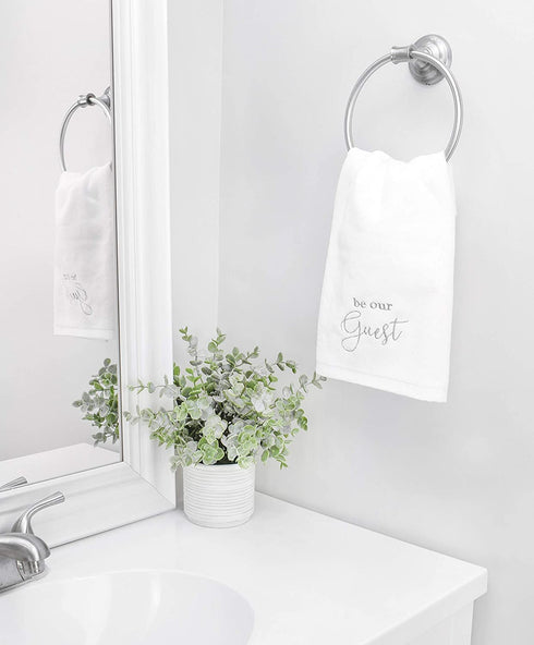 AuldHome Design Guest Towels (Set of 2); Be Our Guest Monogrammed Hand Towels, White with Gray Script