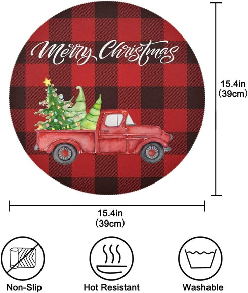 Christmas Plaid Round Placemats Set of 6 Table Placemats Red Black Buffalo Check Truck Place Mats Tablemats 15 inch for Kitchen Dining Table Dinner Kids Holiday Party