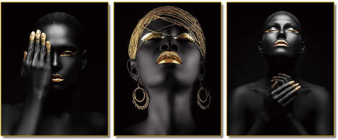 African American Wall Art Painting Black Woman Fashion Pop Gold Earrings Black Set of 3 (8”X10” Canvas Picture) Queen Portrait of Black Woman Room Poster Art Painting Bedroom for Home Decor Gift