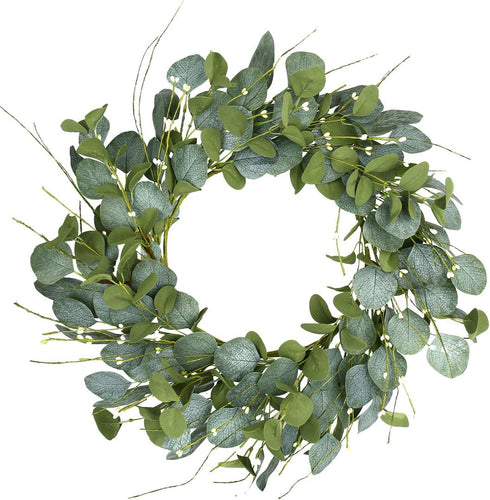 Artificial Greenery Wreath,20? Silver Dollar Eucalyptus Leaves Wreath with Pip Berries Green Spring/Summer Wreath for Front Door Wall Window Decor and Festival Celebration