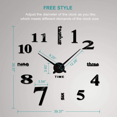 Lumuasky DIY Wall Clock, Large 3D Mirror Stickers Numbers Modern Silent Decorative Clock for Living Room, Bedroom, Home, Office, School (Black)