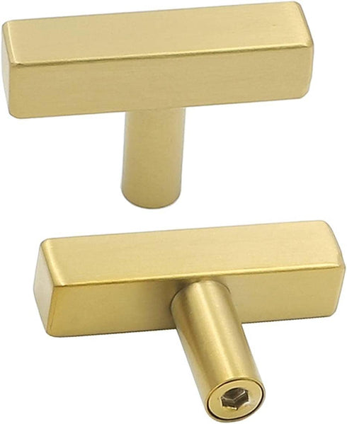 10 Pack | goldenwarm Brushed Brass Cabinet Knobs Dresser Knob Gold Kitchen Hardware - LS1212GD Stainless Steel Single Hole Square Knobs for Cabinets T Knobs 2 inch (50mm) Overall Length