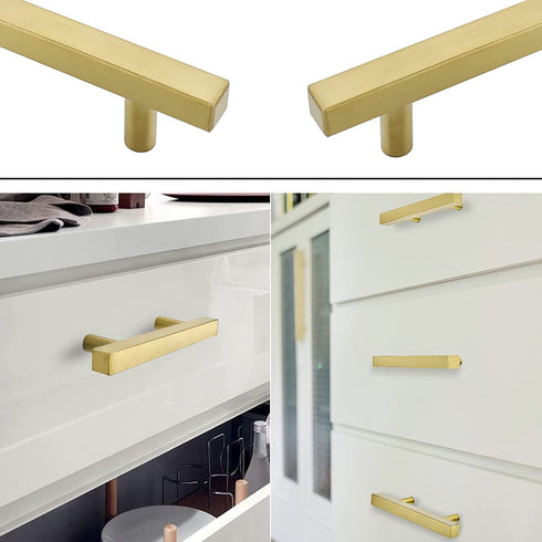 10 Pack | goldenwarm Brushed Brass Cabinet Knobs Dresser Knob Gold Kitchen Hardware - LS1212GD Stainless Steel Single Hole Square Knobs for Cabinets T Knobs 2 inch (50mm) Overall Length