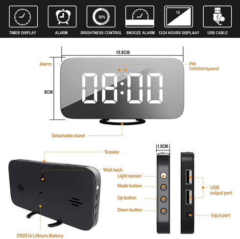 EVILTO Modern Alarm Clock with USB Charger Ports Digital Mirror Alarm Clock Best Decorative for Table Bedroom Wall LED Time Clock Unique Square Alarm Clocks Plug in Clock with Charging Plug