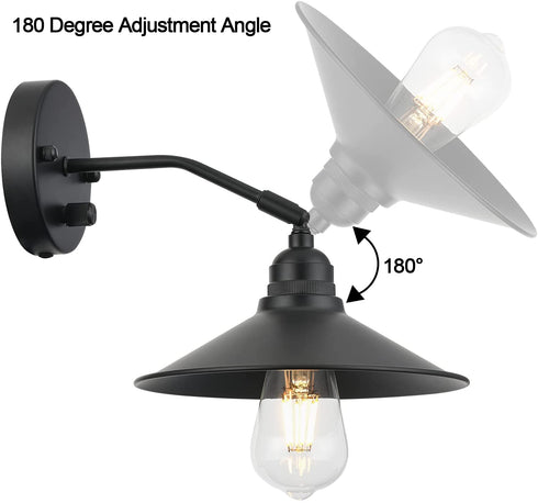Terleenart Industrial Farmhouse Metal Wall Sconce with on/Off Switch, Matt Black Funnel Shade Focused Wall Light Fixture for Kitchen Sink Hallway Bedroom Bookcase Shelves