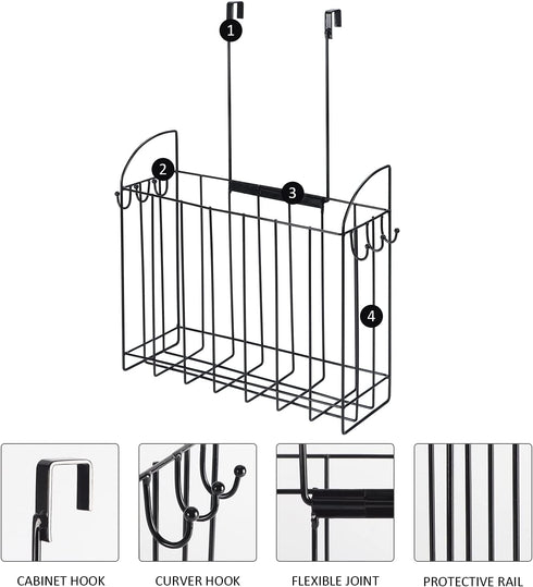 WIFTREY Over The Cabinet Door Organizer Holder and Paper Towel Holder Wall Mount Set for Kitchen Bathroom Pantry, Big Storage Rack for Cutting Boards, Black