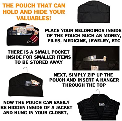 SafeSpot Hanger Diversion Safe Inside Pocket – Extra-Wide Zippered Opening to Hide Money Stash Jewelry Documents - Hidden Closet Safe for Home, Travel, Office, Dorm (Hanger Safe)